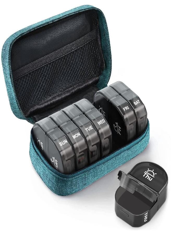 AUV0N AUVON Canvas Bag Travel Pill Organizer 2 Times a Day, Large AM/PM Weekly Pill Box 7 Day Pill Case with Portable Cyan Zipper Cloth Bag for Holding Supplements, Vitamins and Fish Oils - Image 1